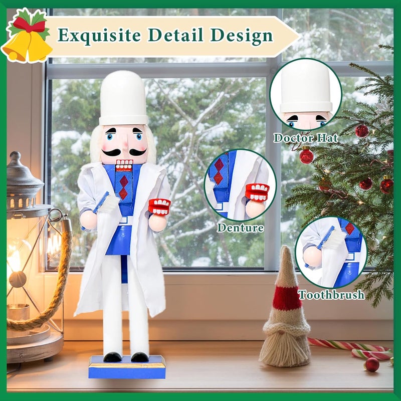 WVIOUOPU Christmas Doctor Man Nutcracker Decorations - 14 Inch Handmade Wooden Figures with White Coat Doctor Hat Stethoscope AED for Mantle Shelf Tabletop Home Christmas Holiday Ornaments Gifts - Image 1